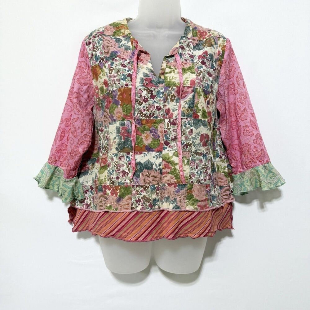 Somewhat Funky Boho Floral Patchwork Top Small Mixed Print Ruffle Hem